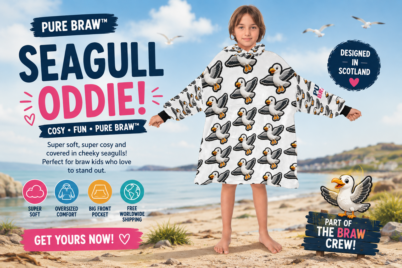 Steven Seagull™ Kids Oversized Hoodie Blanket | Scottish Gift 🌍 FREE Worldwide Shipping