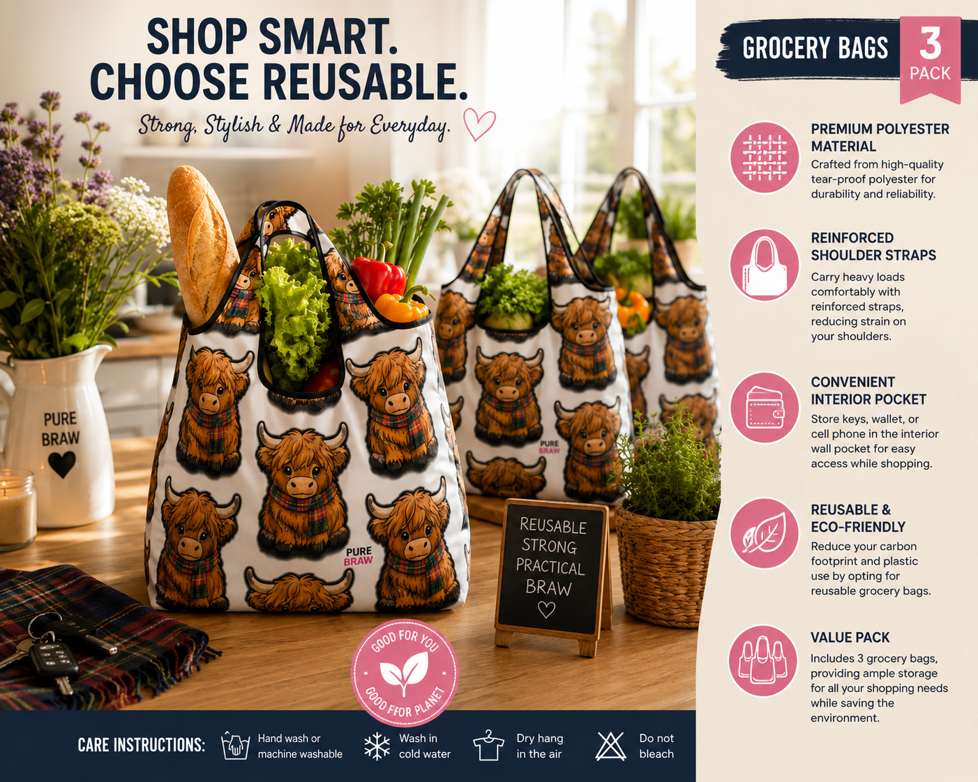 Mc Moo Coo™ Reusable Shopping Bags – 3 Pack
