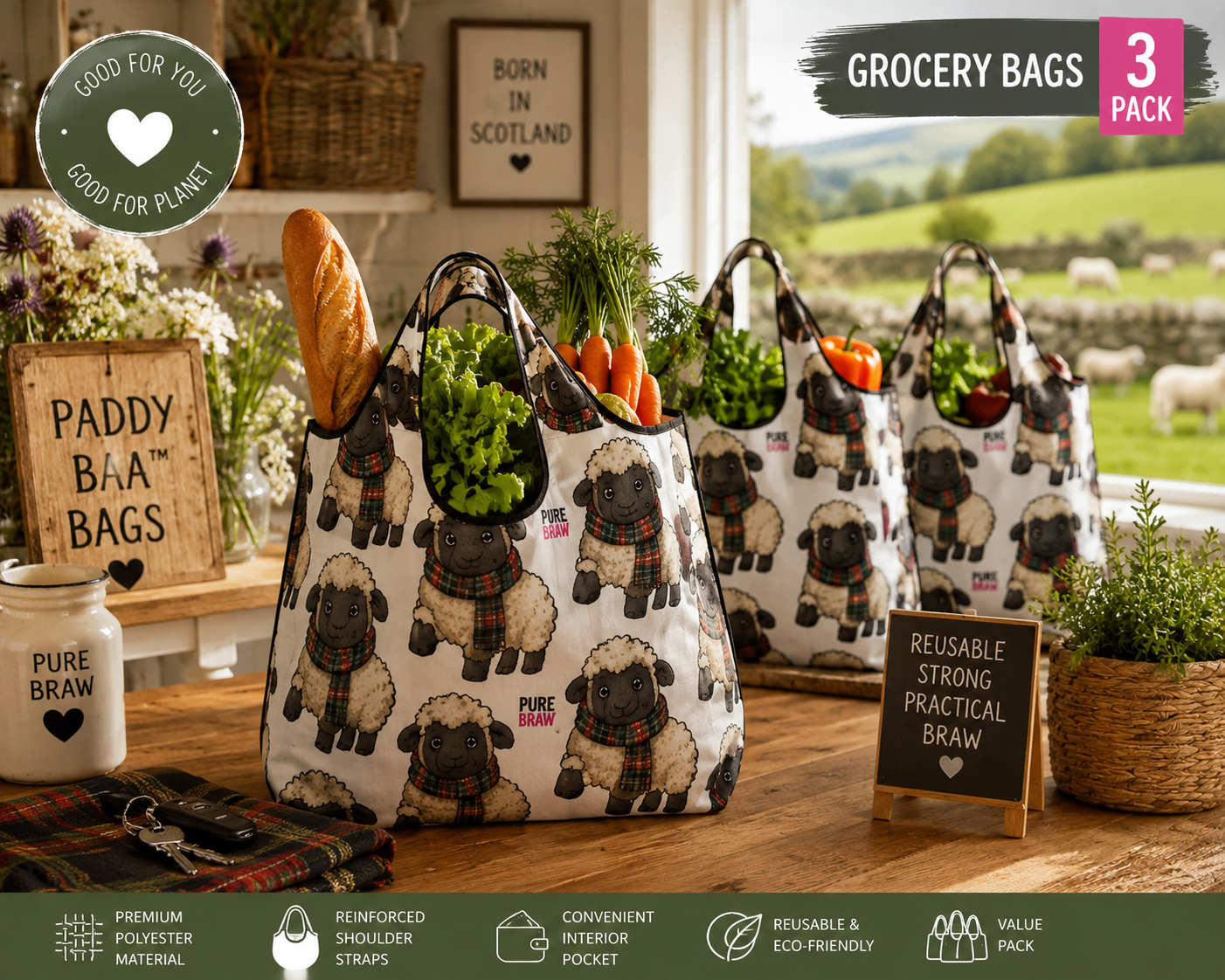 Paddy Baa™ Reusable Shopping Bags – 3 Pack